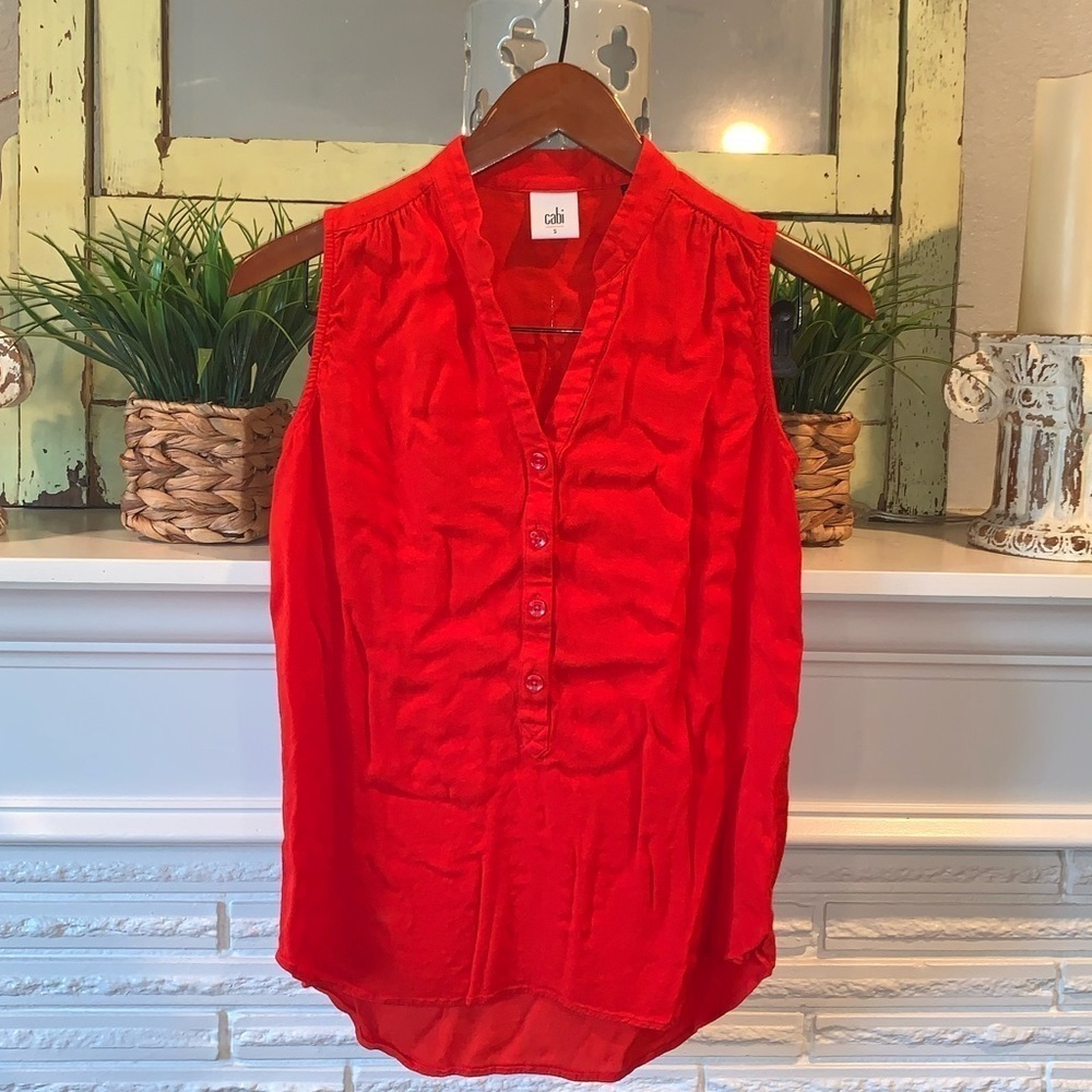 CAbi Red Orange PLAZA Sleeveless Button Front Blouse Colorful Office Size Small